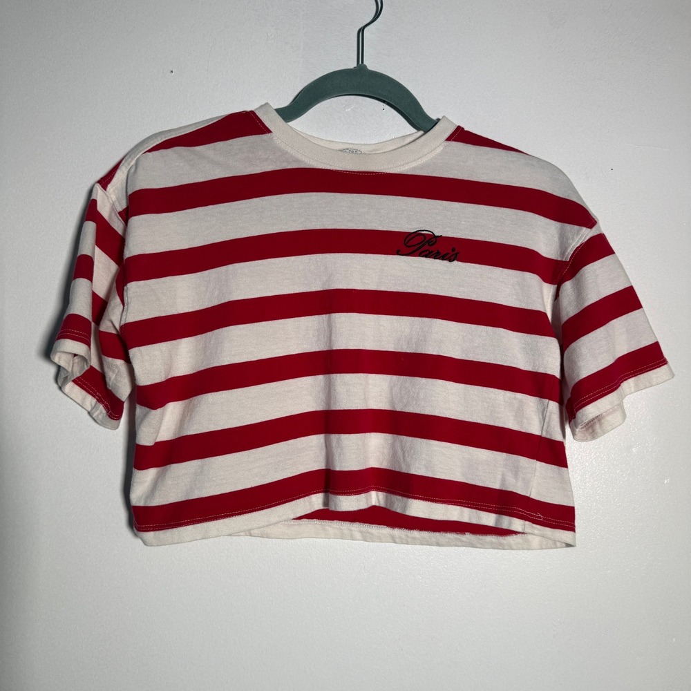 Paris Crop Top‎ Women XS Red White Embroidered Striped Tee